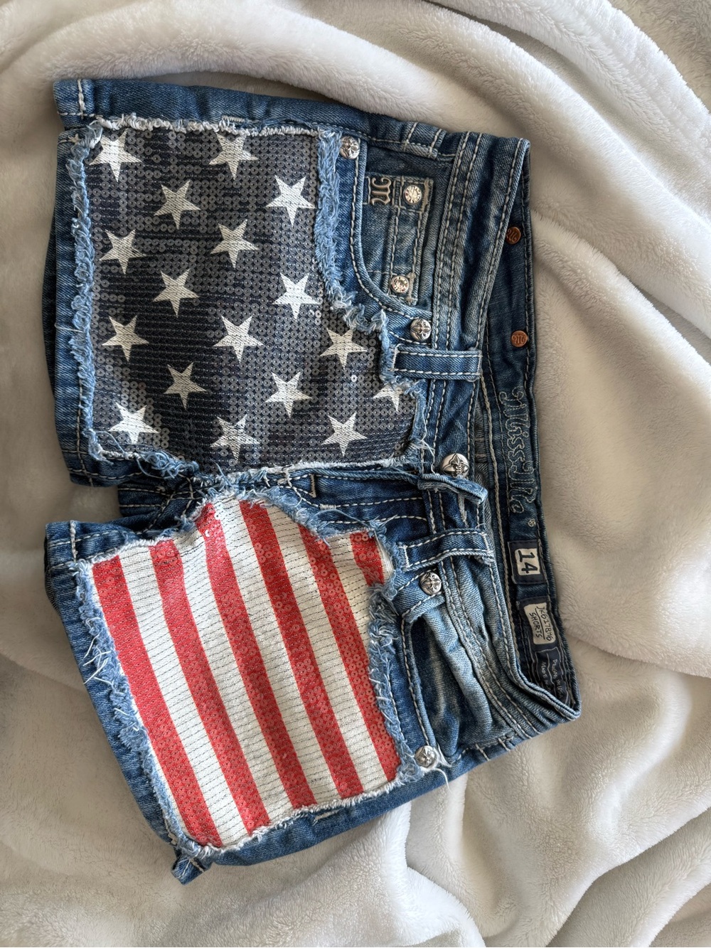 Miss Me Blue Denim Shorts with Red & White Stars and Stripes Patches